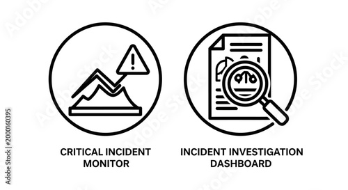 Critical incident monitor and investigation dashboard icons with incident