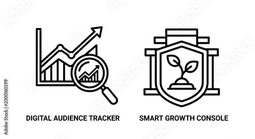 Digital audience tracker and smart growth console icons with audience, tracking