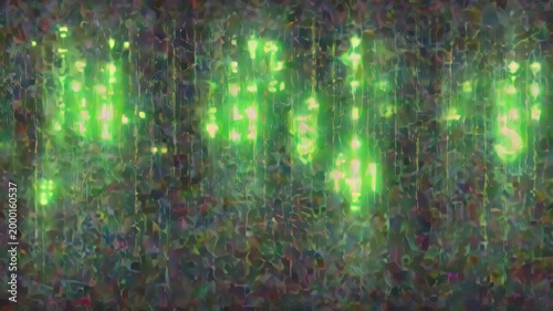 A luminescent green light streams vertically, casting a glow over an abstract, multi-colored backdrop