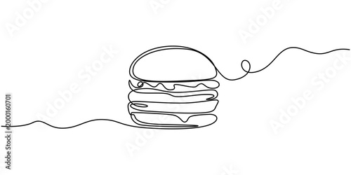 continuous line drawing of a burger. abstract illustration of a burger. fast food illustration, continuous line of burgers. line drawing of stuffed burger isolated. one line Icon drawing with white