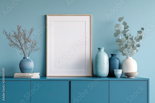 mockup blank picture frame is situated on shelf. It is surrounded by vases of different shapes and few decorative items. wall behind is bright blue