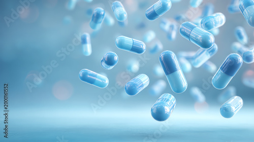 Floating blue capsules create a calm, medical atmosphere, ideal for health and pharmaceutical visuals.
