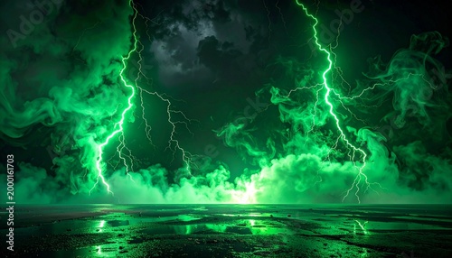 Dramatic background with bright green lightning strikes and swirling smoke clouds illuminating a wet dark ground in a powerful weather storm.