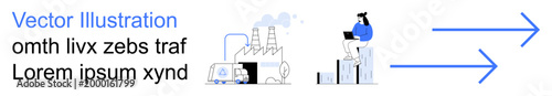 Industrial growth, sustainability, data analysis, progress, futuristic economy, innovation trends. Factory emitting smoke, person analyzing data arrows indicating progress. Sustainability and data