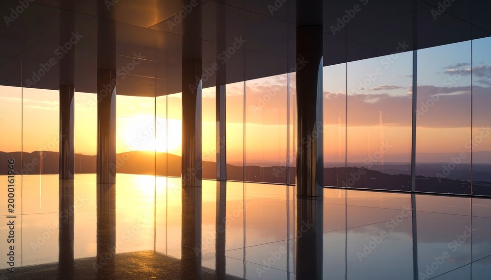 Fototapeta premium Modern luxury architectural interior with floor to ceiling glass walls overlooking a golden sunset landscape in a serene minimalist setting.