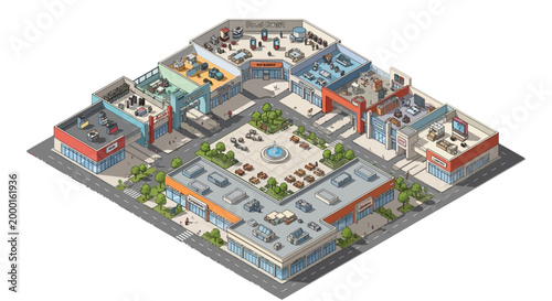 Isometric vector illustration depicting a shopping center with detailed shop houses and retail businesses arranged around a central courtyard, presented in a clean, modern design