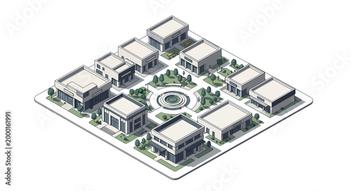Isometric vector illustration of a shopping center featuring various retail stores arranged around a central plaza with trees and a fountain, rendered in a clean, minimalist style