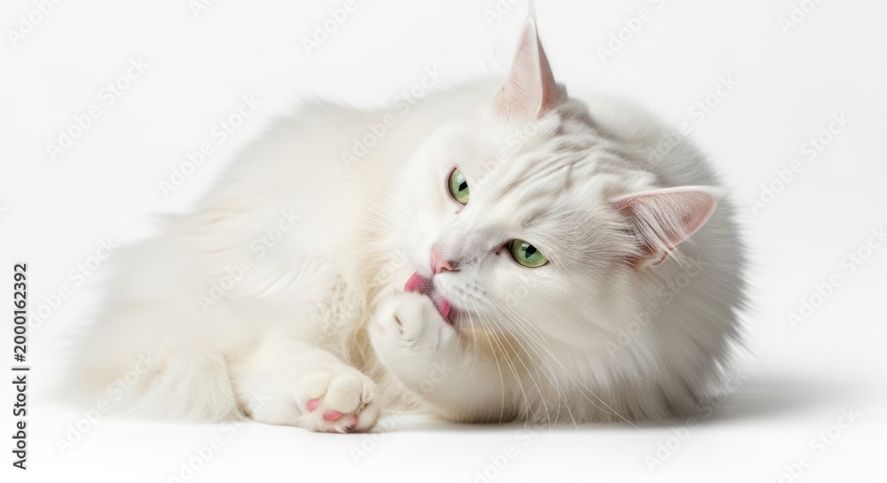 Fototapeta premium Elegant white cat grooming itself on a clean white background studio shot