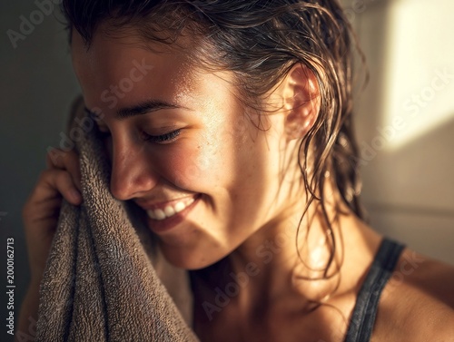 close up portrait young woman with wet hair and towel smiling gently in soft natural sunlight after a refreshing shower, bath or workout session, bathroom indoors