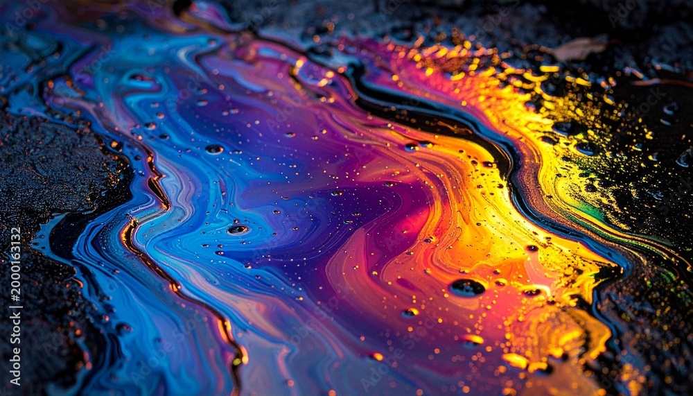 Fototapeta premium Vibrant rainbow oil slick abstract texture on wet dark asphalt pavement creating a beautiful colorful liquid pattern for artistic background.
