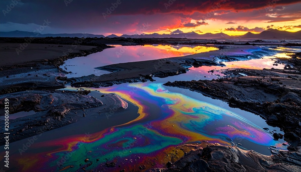 Fototapeta premium A striking conceptual landscape shot featuring an oil slick on a wet beach reflecting a dramatic and vibrant sunset over distant mountains.