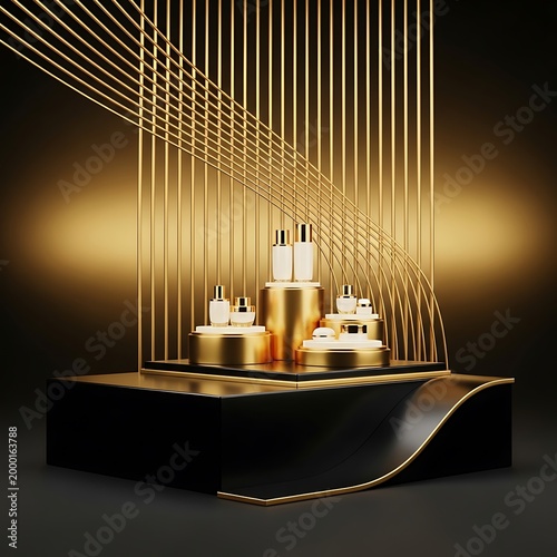 Luxurious cosmetic product display featuring white bottles atop golden pedestals with a sleek black base