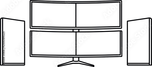 Minimalist line drawing of a multi monitor computer setup with three screens and a stand