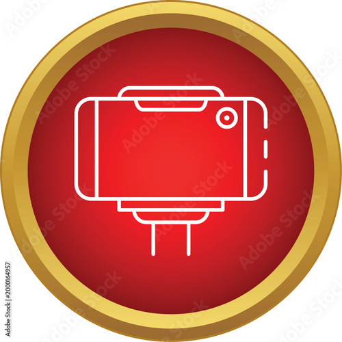 Outline icon representing a smartphone attached to a selfie stick, in a red circle