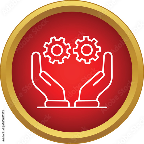 Hands cradling two gears on a red and gold button representing technical solutions