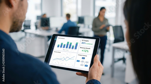 Business Success and Growth Strategy with KPI Data Analysis on Digital Tablet Screen Showing Achievement of Financial Goals and Targets for Corporate Management Team in Modern Office Environment
