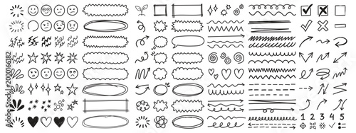 collection of doodle underline emphasis scribble elements line hand drawn set. doodle brush shapes stroke highlight sparkle and arrow elements. childish drawing kids style.