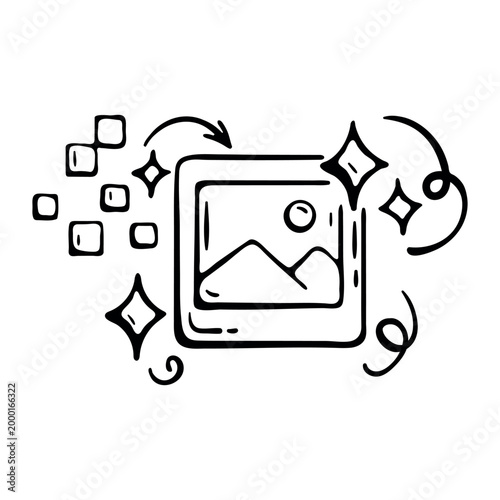 AI image upscale icon for smart photo enhancement and digital resolution improvement. Hand drawn doodle illustration of picture pixels with stars.
