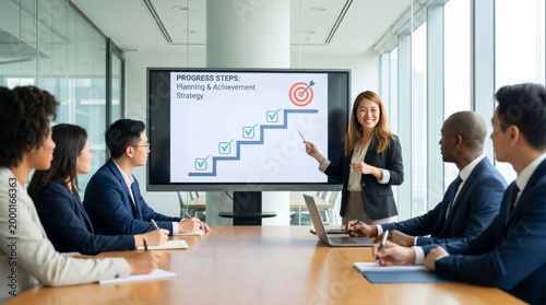 Successful business team strategy meeting for growth and achievement with diverse professionals in modern office boardroom discussing kpi goals and target progress steps on digital screen.