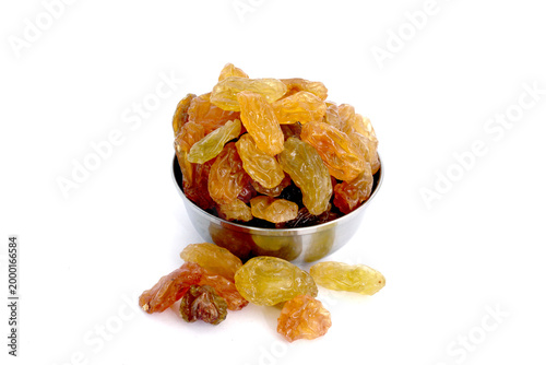 golden raisins, yellow raisins, dried grapes, kishmish, dry fruits, healthy snack, organic food, isolated on white, food photography, nutritious