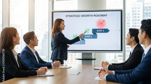 Professional business woman presenting strategic growth roadmap to diverse team in modern office meeting room focusing on success goal target kpi achievement and corporate strategy for growth.