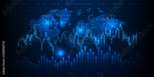 Vector illustrations of global economics artwork and background with stocks market chart and graph.