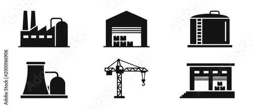 Industrial Factory Warehouse Logistics Icons Set, Manufacturing Plant Buildings, Construction Crane, Storage Depot, Power Station, Heavy Industry Energy Symbols, Vector Illustration on White Backgroun