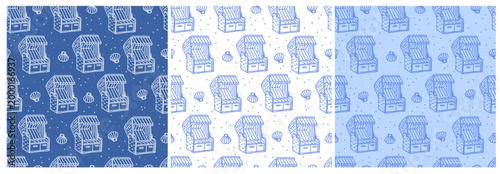 Seamless Pattern with Hand Drawn Strandkorb and Seashells in Blue Tones