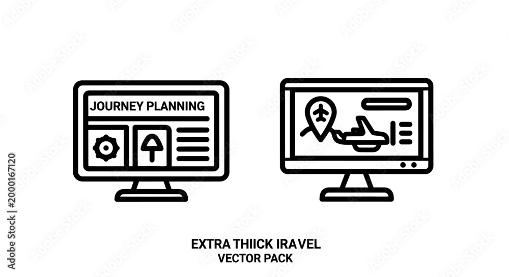 Fototapeta premium Journey planning and travel details on computer monitors vector icons set