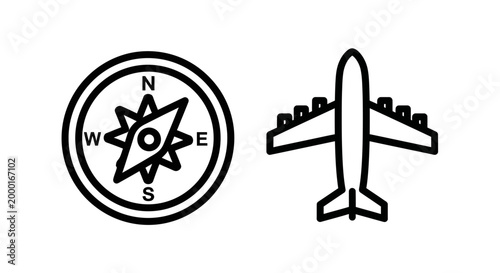 Compass rose navigation and airplane travel icons with airplane, navigation