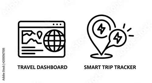 Travel dashboard and smart trip tracker icon set with dashboard, location