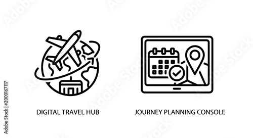 Digital travel hub and journey planning console icons for global trip management
