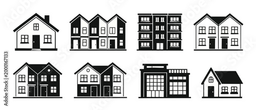 House Icons Set Vector Illustration, Residential Buildings and Real Estate Symbols, Black Silhouette Architecture Collection for Web Design, City Construction Elements Isolated on White Background Gra