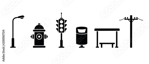 Urban Infrastructure Icons Set: Street Lights, Fire Hydrants, Traffic Signs, Trash Cans, Bus Stops, and Power Poles in Minimalist Black Silhouette Vector Design for City Planning and Public Services M