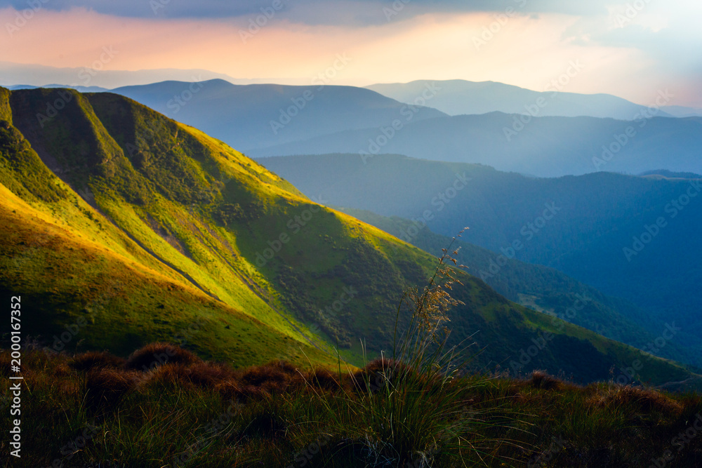 Obraz premium Sunrise over the Carpathian mountains, view from mountain Zhandarm mountains peak. Dragobrat, Ukraine.