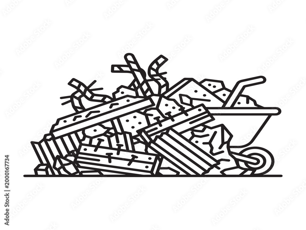 Naklejka premium Construction waste clutter in a wheelbarrow vector illustration