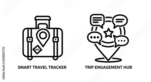 Suitcase with location pin for smart travel tracking and trip engagement hub