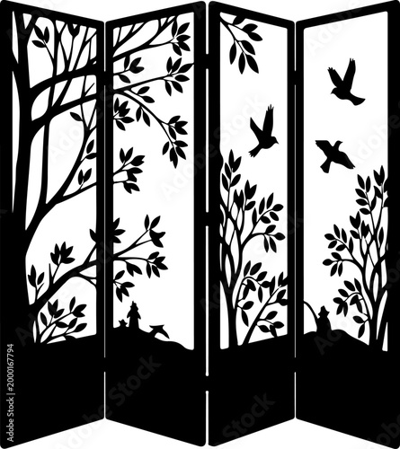 Folding screen room divider silhouette vector illustration