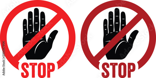Prohibition sign two red circles with hand stop symbols and 'stop' text