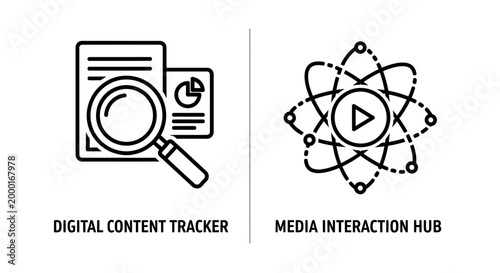 Digital content tracker and media interaction hub concept icons with interaction
