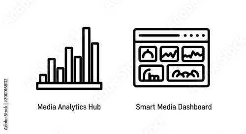 Media analytics hub and smart media dashboard visualization icons with analytics