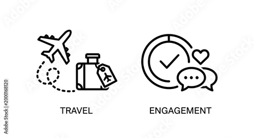 Travel and customer engagement icons with airplane suitcase and social symbols