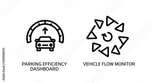 Parking efficiency dashboard and vehicle flow monitor linear icons with mobility