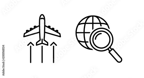 Global travel search and airplane takeoff flight icon set with airplane