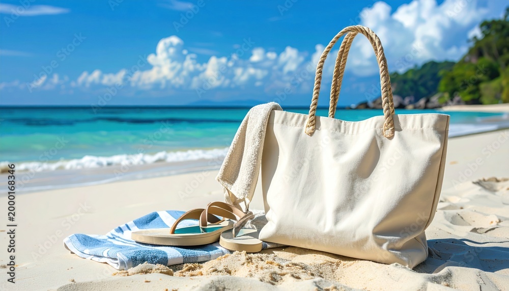 Fototapeta premium Beach vacation essentials: tote bag towel and flip-flops on sandy beach with turquoise ocean and blue sky