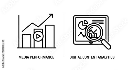 Media performance metrics and digital content analytics icons with performance