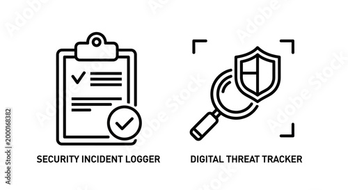 Cybersecurity incident logger and digital threat tracker line icons