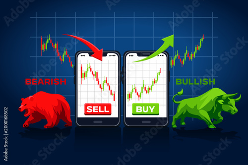 Bearish and Bullish Trading Concept with Smartphones, Buy and Sell Signals