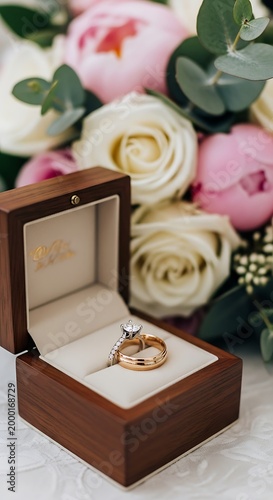Two precious metallic bands rest inside an open wooden case before a soft floral arrangement