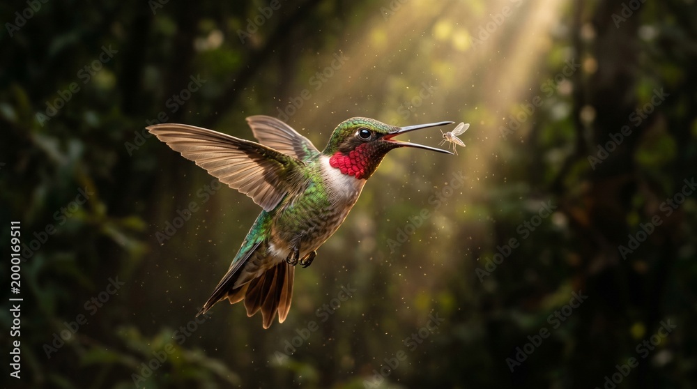 Fototapeta premium Vibrant Ruby-Throated Hummingbird Capturing a Flying Insect in Golden Forest Sunlight